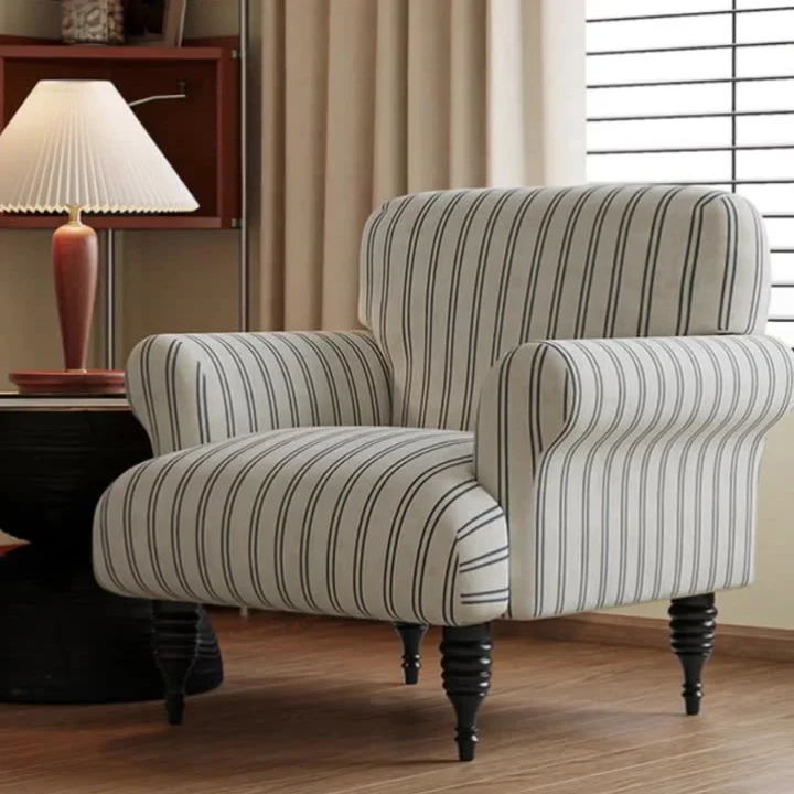 Traditional French Fabric Solid Wood Rounded Square Curved Accent Chair With Backrest & Armrests For Living Room