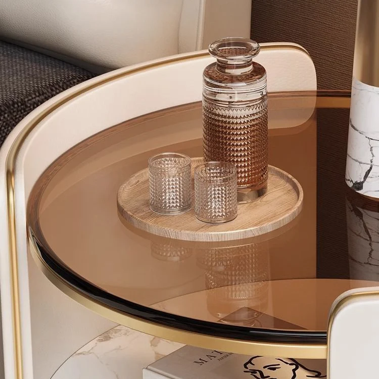 Contemporary Scandinavian Tempered Glass Sintered Stone Microfiber Leather Wood Round Cylinder Nightstand 2-Tier For Bedroom