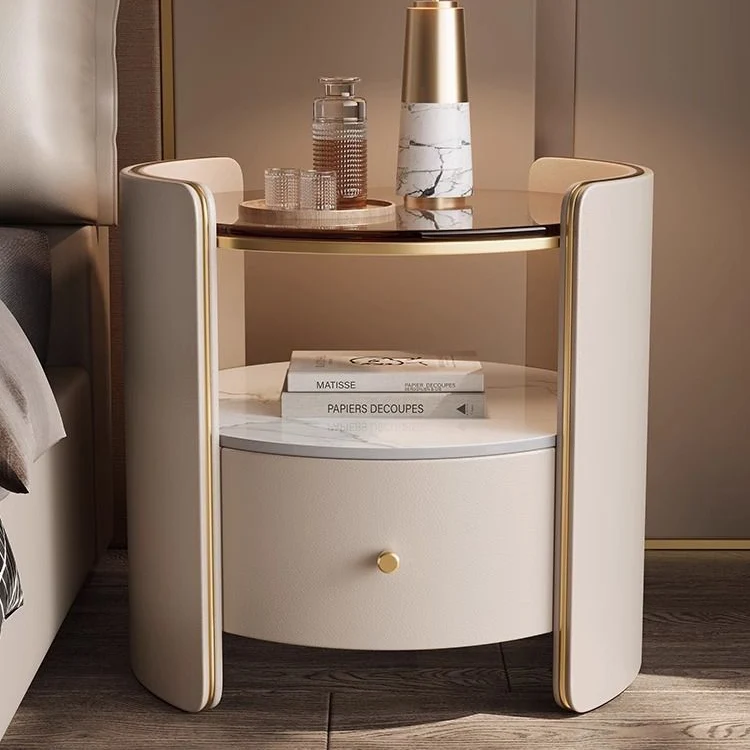 Contemporary Scandinavian Tempered Glass Sintered Stone Microfiber Leather Wood Round Cylinder Nightstand 2-Tier For Bedroom
