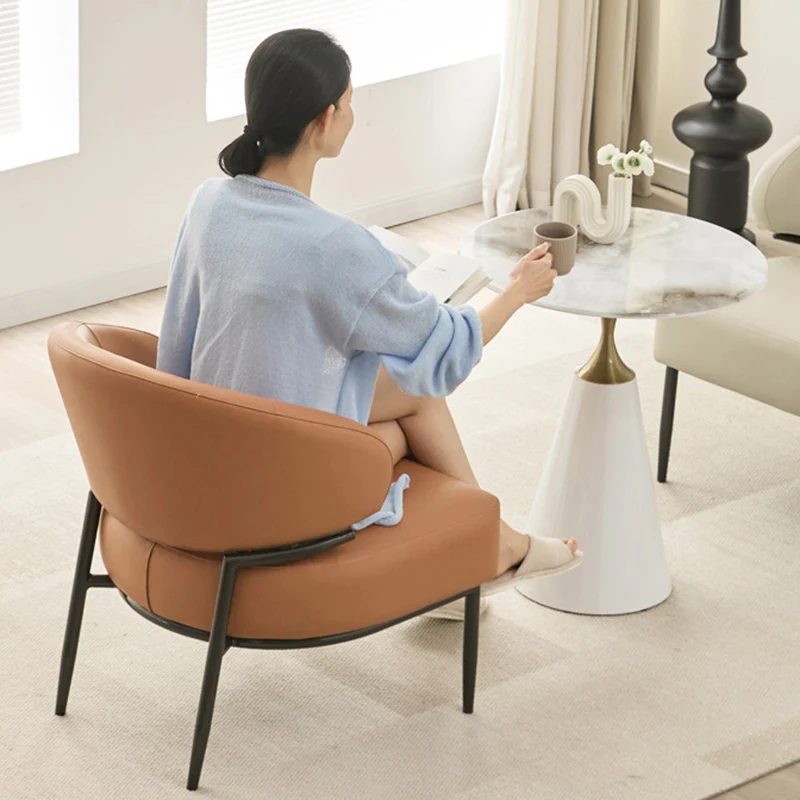 Modern Minimalist Curved Rectangular Cat-Scratch-Resistant Leather Carbon Steel Accent Chair Backrest Armless For Living Room