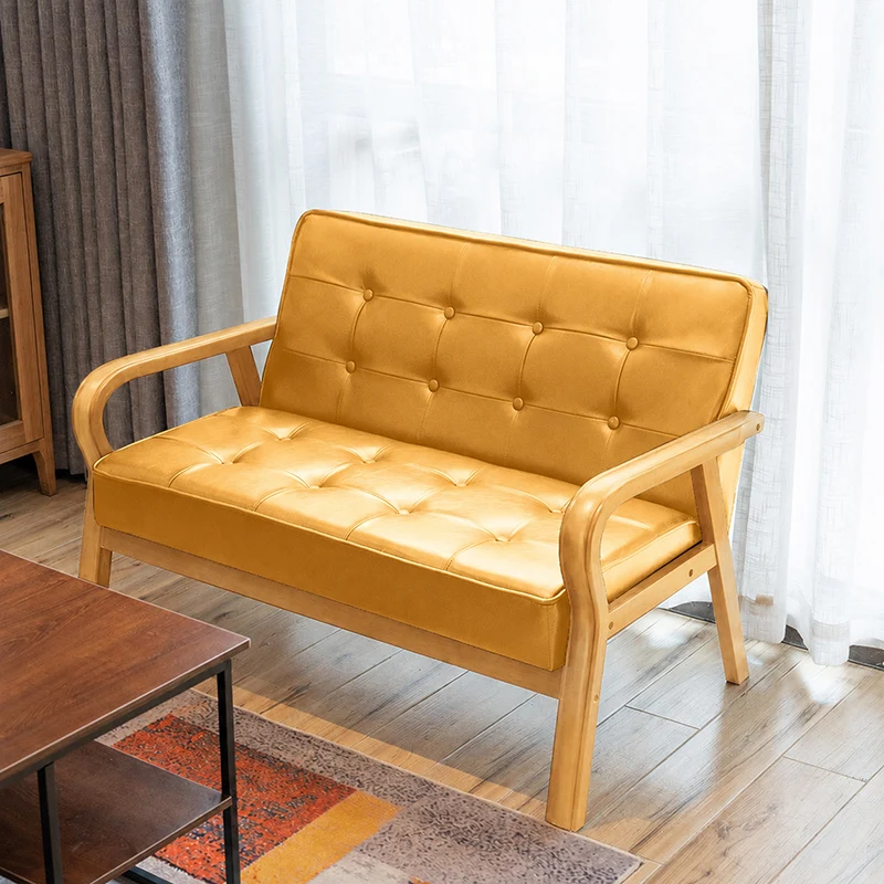 Traditional Vintage Oiled Wax Leather Solid Wood Plywood Rectangular Rounded Sofa 2-Seater With Armrest Backrest For Living Room