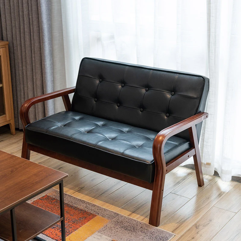 Traditional Vintage Oiled Wax Leather Solid Wood Plywood Rectangular Rounded Sofa 2-Seater With Armrest Backrest For Living Room
