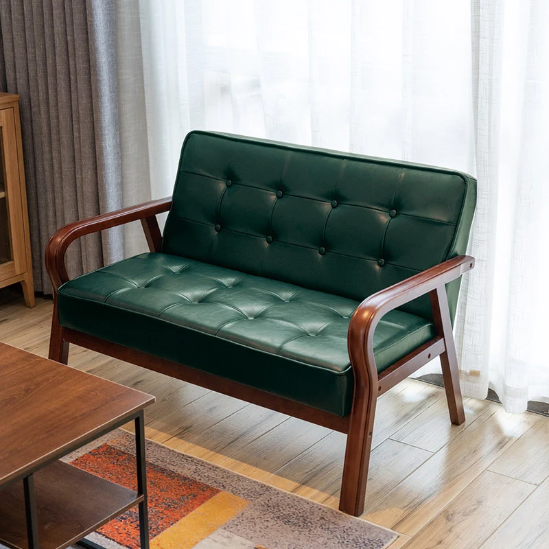 Traditional Vintage Oiled Wax Leather Solid Wood Plywood Rectangular Rounded Sofa 2-Seater With Armrest Backrest For Living Room