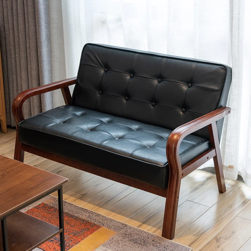 Traditional Vintage Oiled Wax Leather Solid Wood Plywood Rectangular Rounded Sofa 2-Seater With Armrest Backrest For Living Room