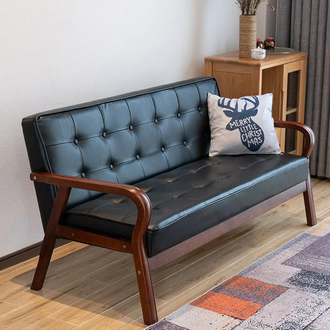 Traditional Vintage Oiled Wax Leather Solid Wood Plywood Rectangular Rounded Sofa 2-Seater With Armrest Backrest For Living Room