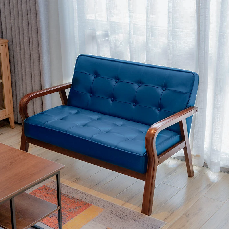 Traditional Vintage Oiled Wax Leather Solid Wood Plywood Rectangular Rounded Sofa 2-Seater With Armrest Backrest For Living Room