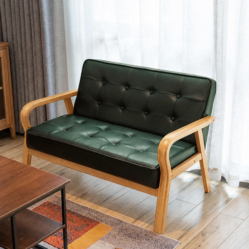 Traditional Vintage Oiled Wax Leather Solid Wood Plywood Rectangular Rounded Sofa 2-Seater With Armrest Backrest For Living Room