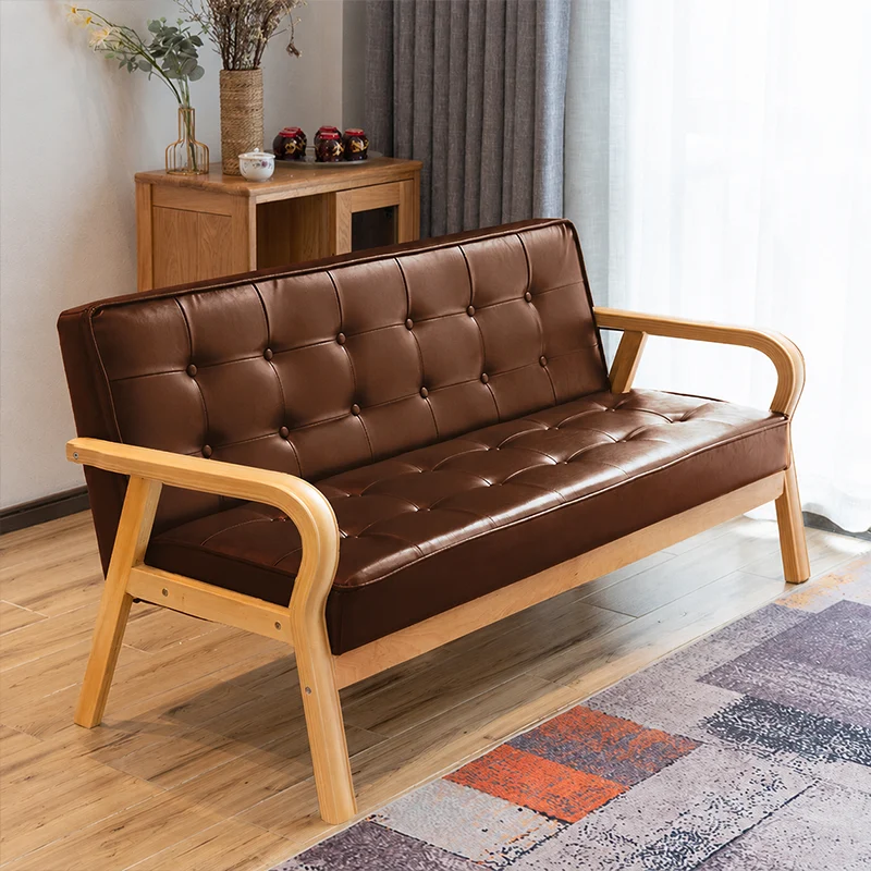 Traditional Vintage Oiled Wax Leather Solid Wood Plywood Rectangular Rounded Sofa 2-Seater With Armrest Backrest For Living Room