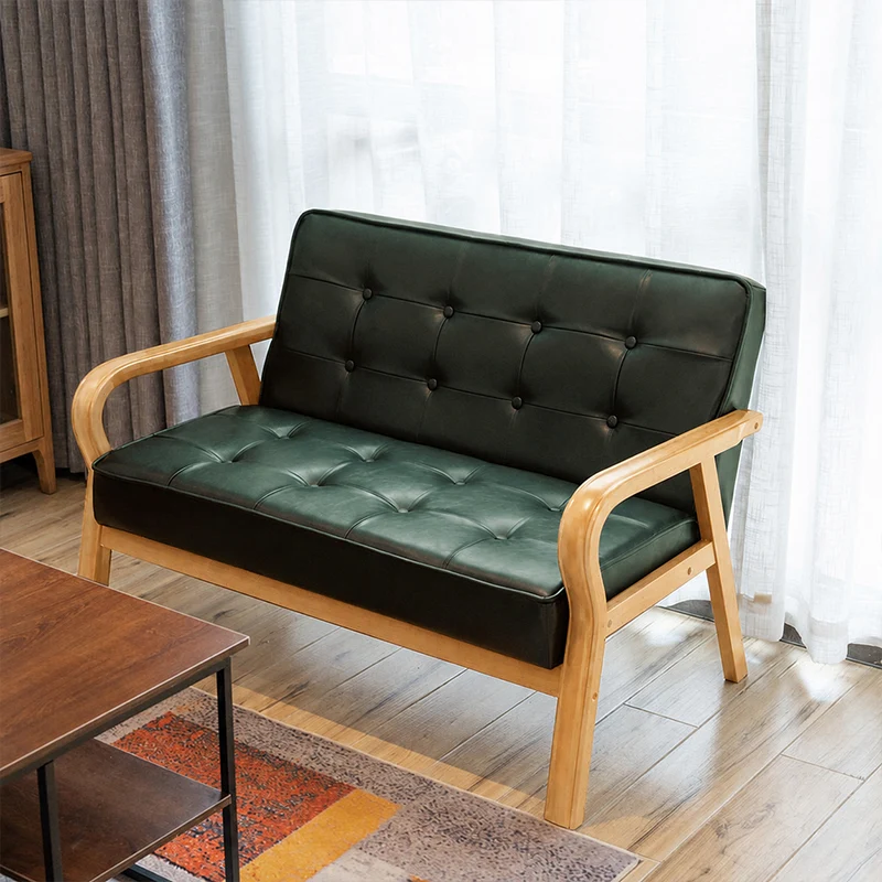 Traditional Vintage Oiled Wax Leather Solid Wood Plywood Rectangular Rounded Sofa 2-Seater With Armrest Backrest For Living Room
