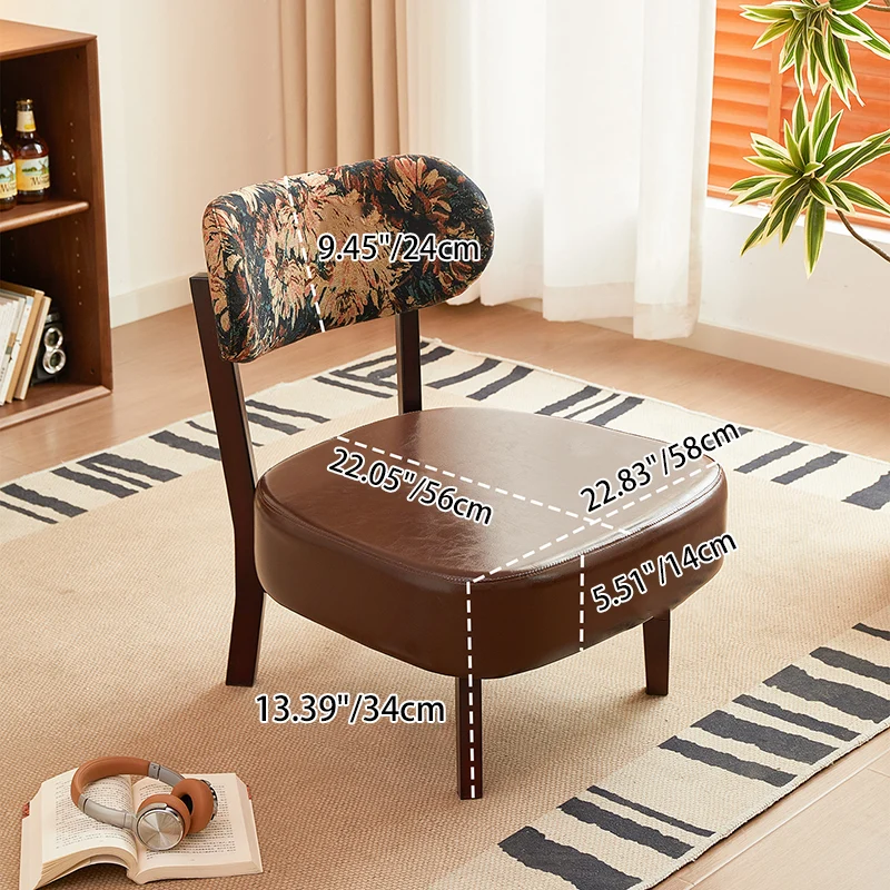 Traditional French Rectangular Cotton-Linen Fabric Faux Oiled Leather Solid Wood Accent Chair Backrest Armless For Living Room