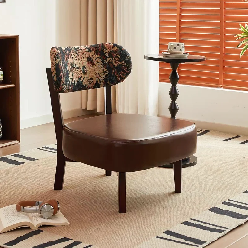 Traditional French Rectangular Cotton-Linen Fabric Faux Oiled Leather Solid Wood Accent Chair Backrest Armless For Living Room