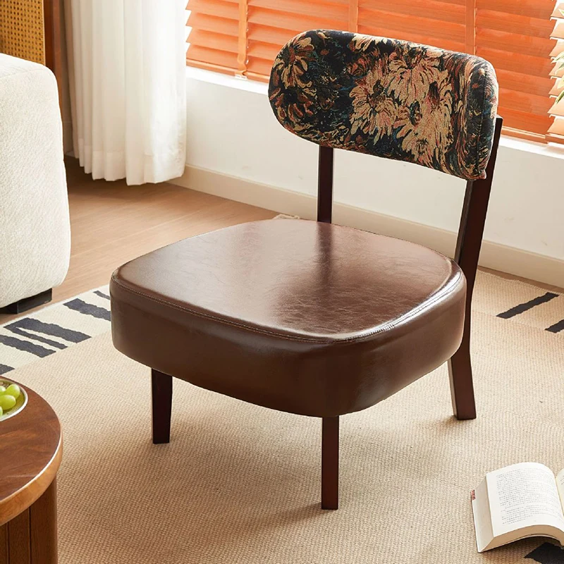 Traditional French Rectangular Cotton-Linen Fabric Faux Oiled Leather Solid Wood Accent Chair Backrest Armless For Living Room