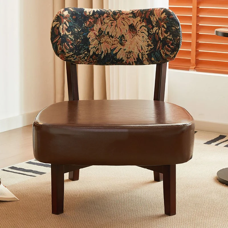 Traditional French Rectangular Cotton-Linen Fabric Faux Oiled Leather Solid Wood Accent Chair Backrest Armless For Living Room