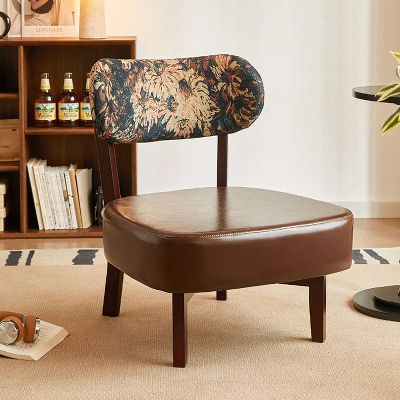 Traditional French Rectangular Cotton-Linen Fabric Faux Oiled Leather Solid Wood Accent Chair Backrest Armless For Living Room