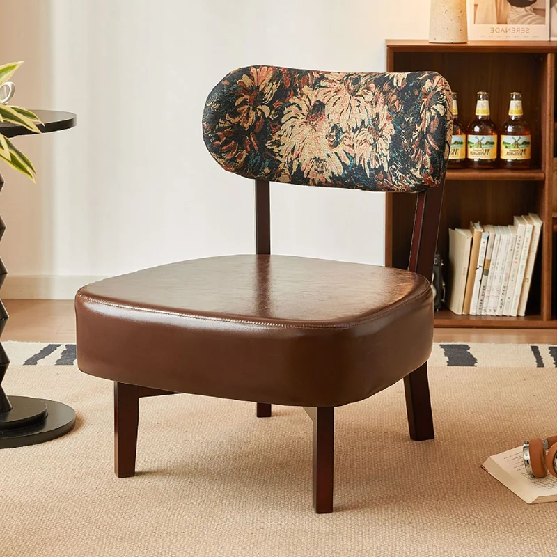 Traditional French Rectangular Cotton-Linen Fabric Faux Oiled Leather Solid Wood Accent Chair Backrest Armless For Living Room