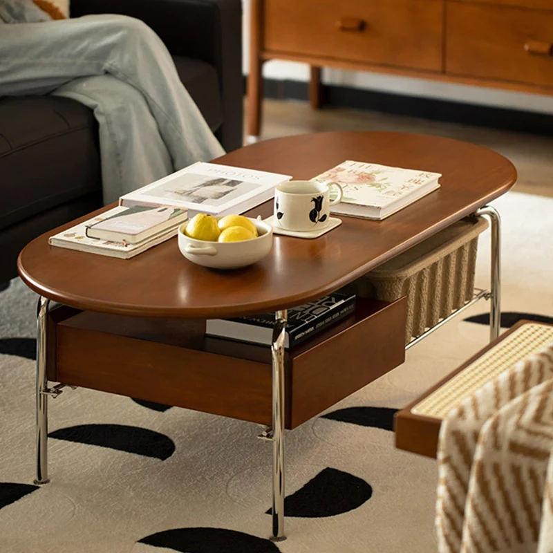 Traditional Vintage Oval Fir Wood Rubberwood Plywood Stainless Steel End Table 4-Leg 1-Drawer For Living Room