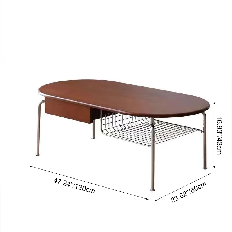 Traditional Vintage Oval Fir Wood Rubberwood Plywood Stainless Steel End Table 4-Leg 1-Drawer For Living Room