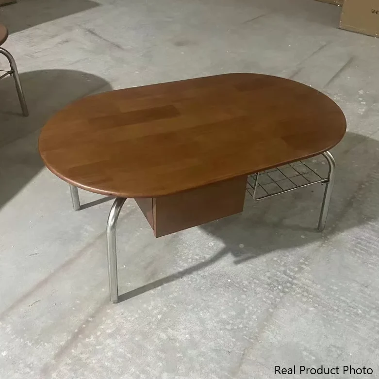 Traditional Vintage Oval Fir Wood Rubberwood Plywood Stainless Steel End Table 4-Leg 1-Drawer For Living Room