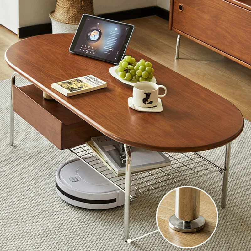 Traditional Vintage Oval Fir Wood Rubberwood Plywood Stainless Steel End Table 4-Leg 1-Drawer For Living Room