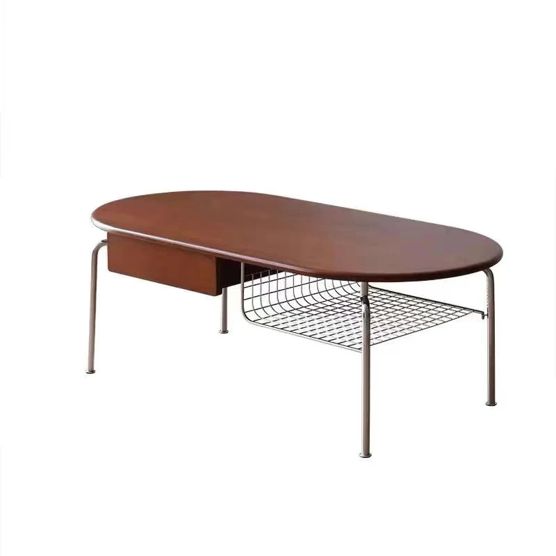 Traditional Vintage Oval Fir Wood Rubberwood Plywood Stainless Steel End Table 4-Leg 1-Drawer For Living Room