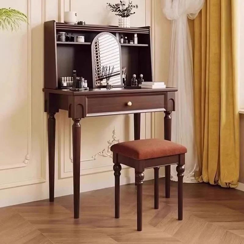 Traditional Vintage Rectangular Rubberwood Plywood Makeup Vanity 4-Leg 1-Drawer For Home Office