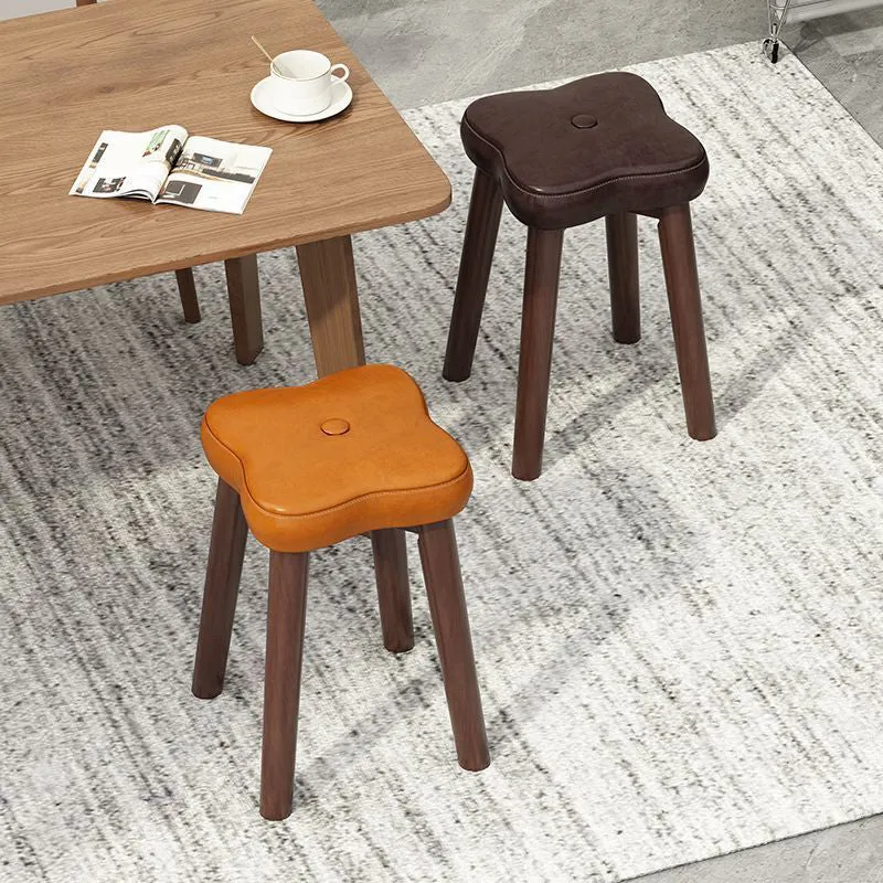 Traditional Vintage Flower Solid Wood Faux Oil Wax Leather Sponge Stackable Low Stool Backless Armless For Living Room