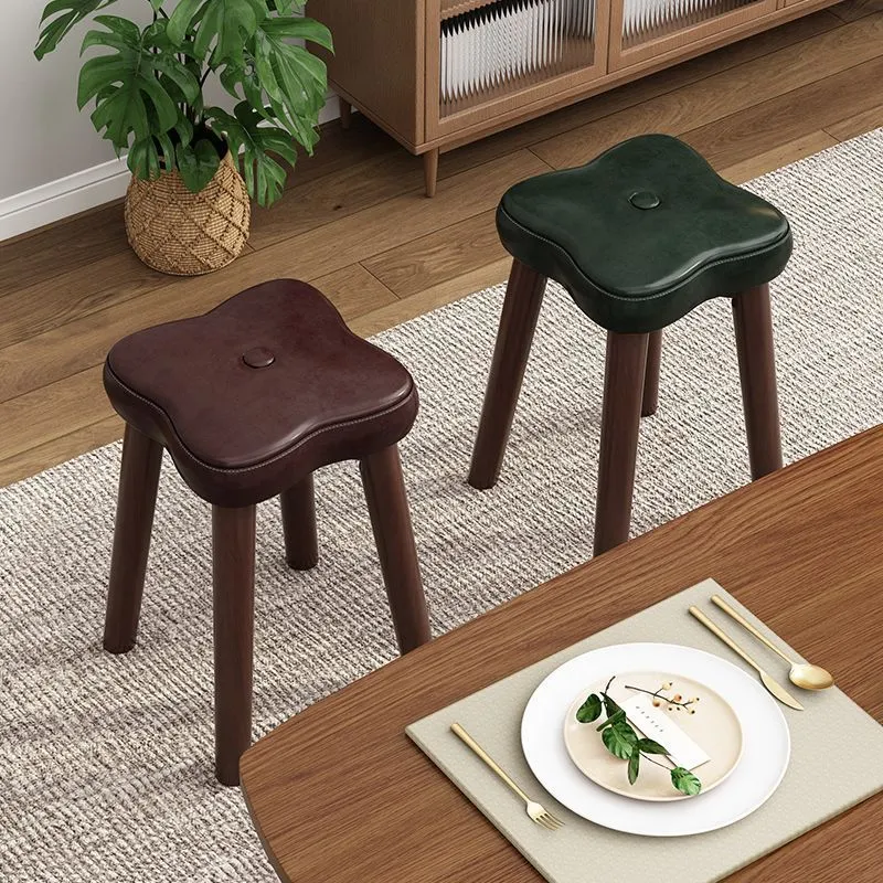 Traditional Vintage Flower Solid Wood Faux Oil Wax Leather Sponge Stackable Low Stool Backless Armless For Living Room