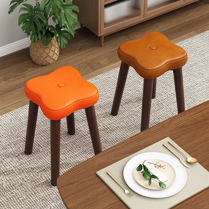 Traditional Vintage Flower Solid Wood Faux Oil Wax Leather Sponge Stackable Low Stool Backless Armless For Living Room