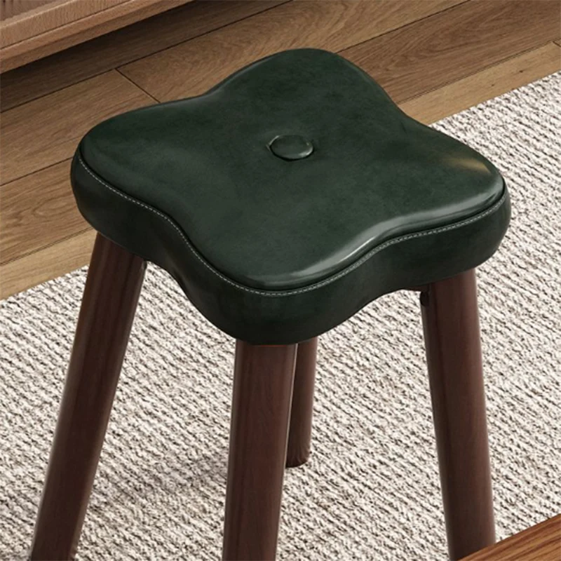 Traditional Vintage Flower Solid Wood Faux Oil Wax Leather Sponge Stackable Low Stool Backless Armless For Living Room