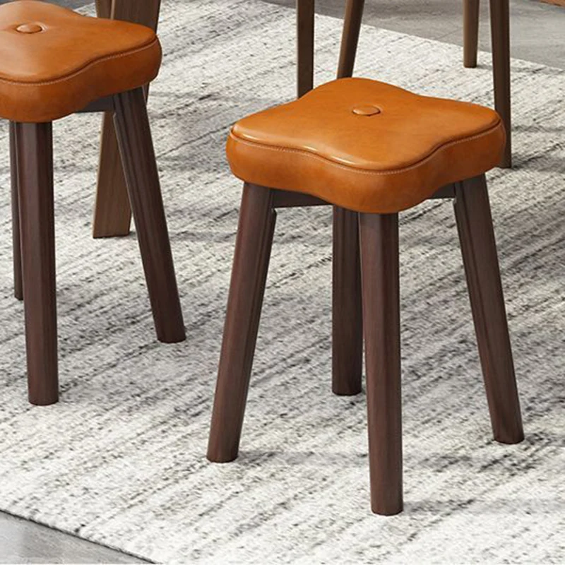 Traditional Vintage Flower Solid Wood Faux Oil Wax Leather Sponge Stackable Low Stool Backless Armless For Living Room
