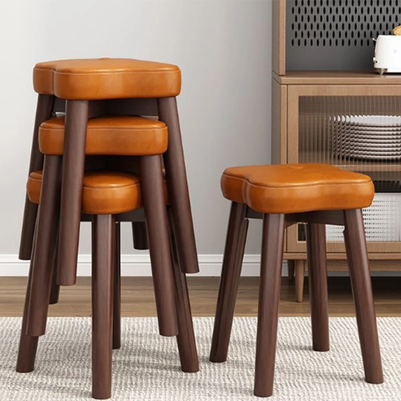 Traditional Vintage Flower Solid Wood Faux Oil Wax Leather Sponge Stackable Low Stool Backless Armless For Living Room