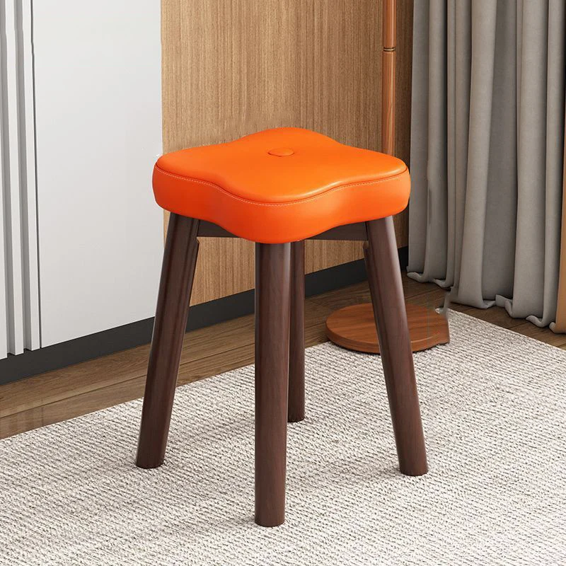 Traditional Vintage Flower Solid Wood Faux Oil Wax Leather Sponge Stackable Low Stool Backless Armless For Living Room