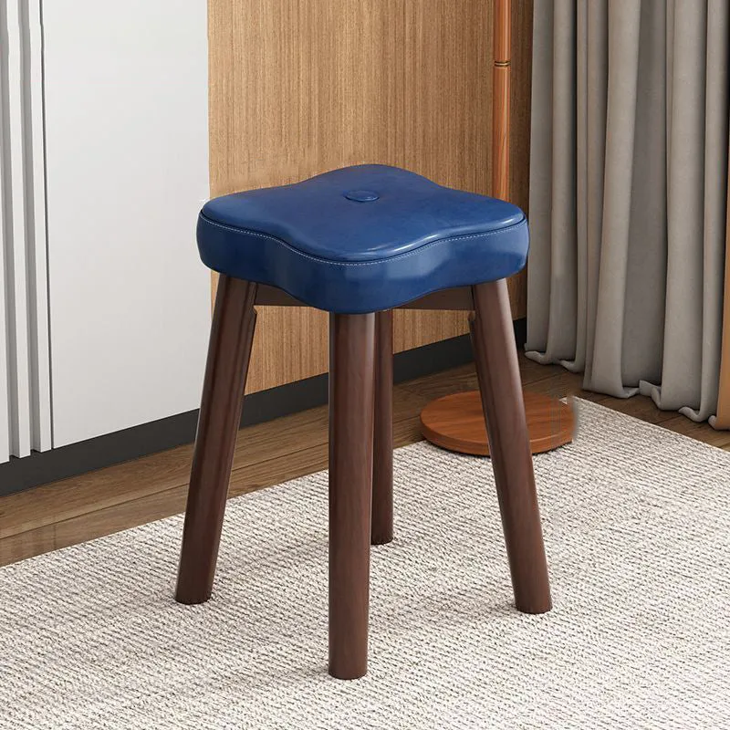 Traditional Vintage Flower Solid Wood Faux Oil Wax Leather Sponge Stackable Low Stool Backless Armless For Living Room