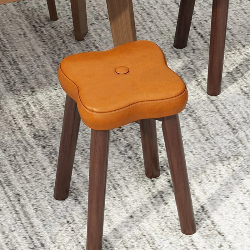 Traditional Vintage Flower Solid Wood Faux Oil Wax Leather Sponge Stackable Low Stool Backless Armless For Living Room