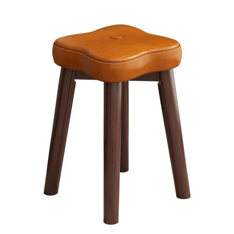 Traditional Vintage Flower Solid Wood Faux Oil Wax Leather Sponge Stackable Low Stool Backless Armless For Living Room