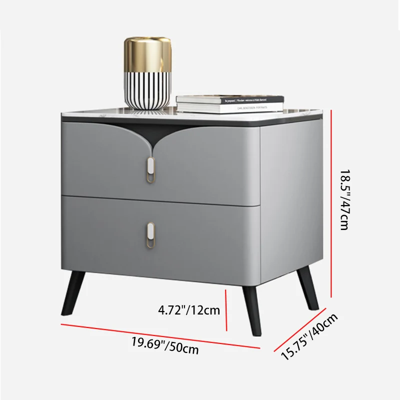 Contemporary Nordic Rectangular Stone Slab Wood Microfiber Leather Carbon Steel Nightstand 2-Drawer For Bedroom