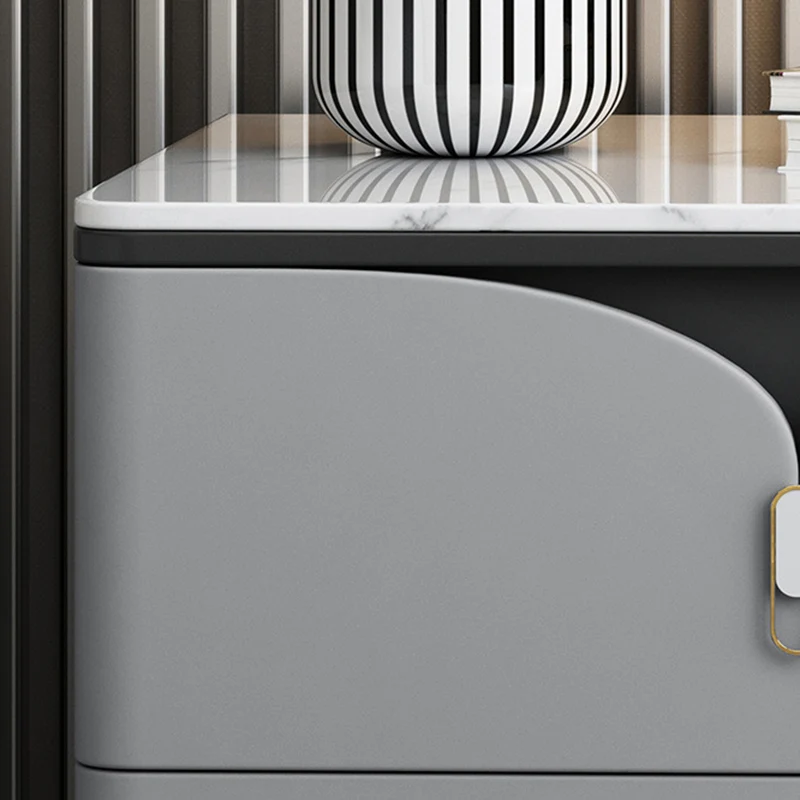 Contemporary Nordic Rectangular Stone Slab Wood Microfiber Leather Carbon Steel Nightstand 2-Drawer For Bedroom