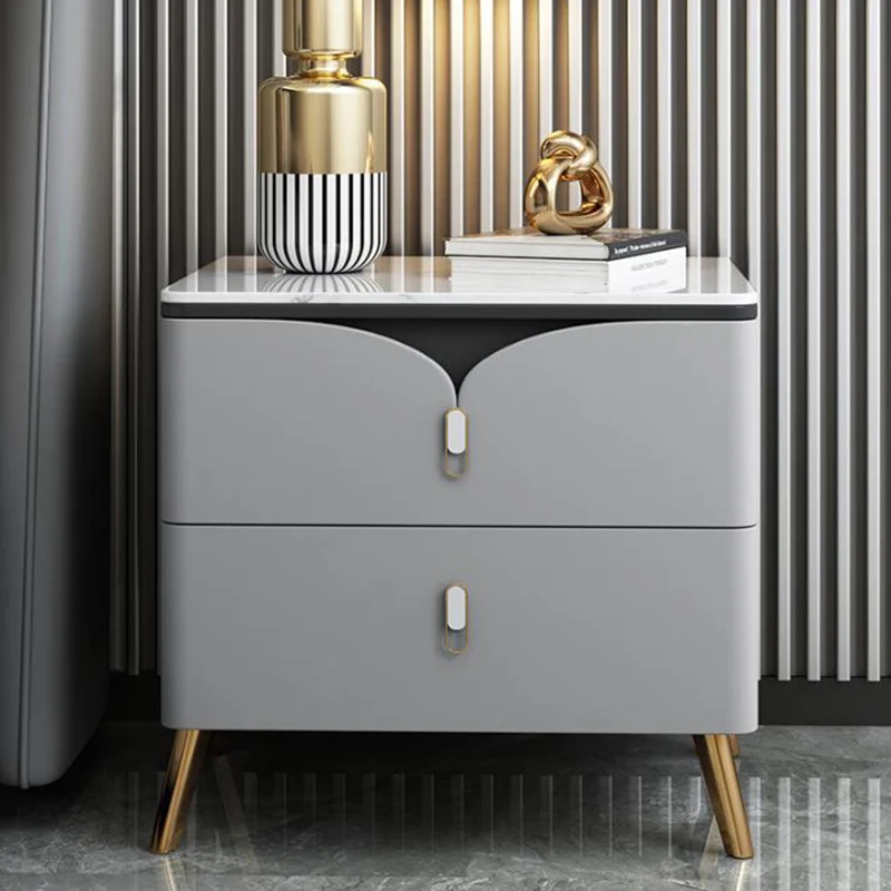 Contemporary Nordic Rectangular Stone Slab Wood Microfiber Leather Carbon Steel Nightstand 2-Drawer For Bedroom