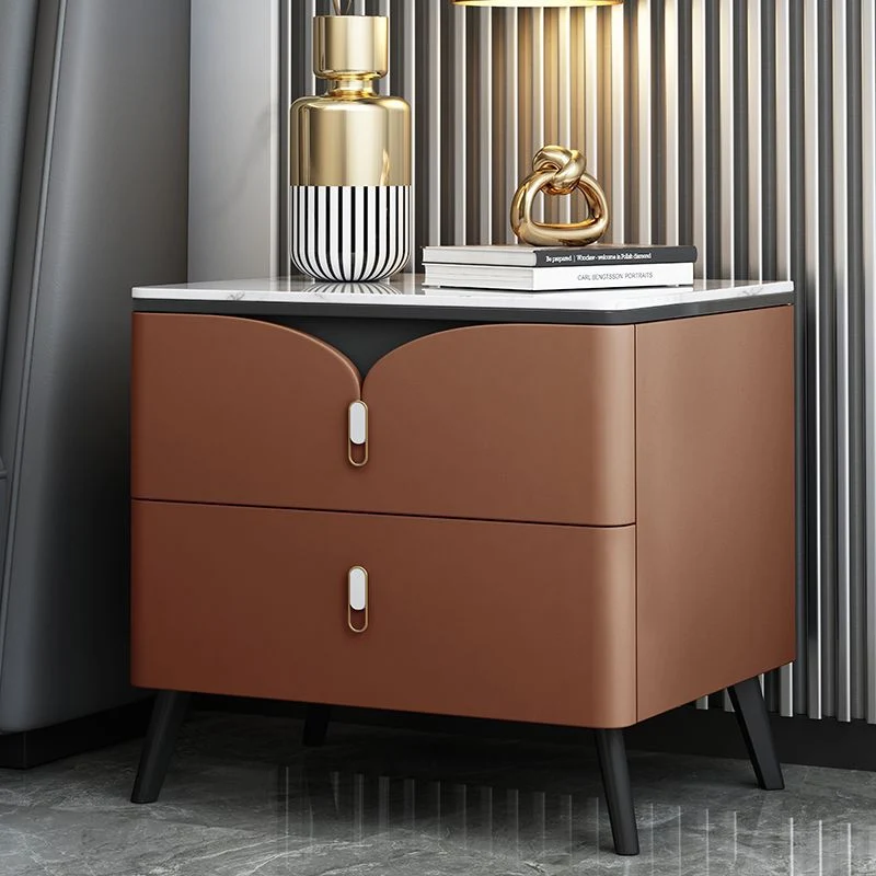 Contemporary Nordic Rectangular Stone Slab Wood Microfiber Leather Carbon Steel Nightstand 2-Drawer For Bedroom