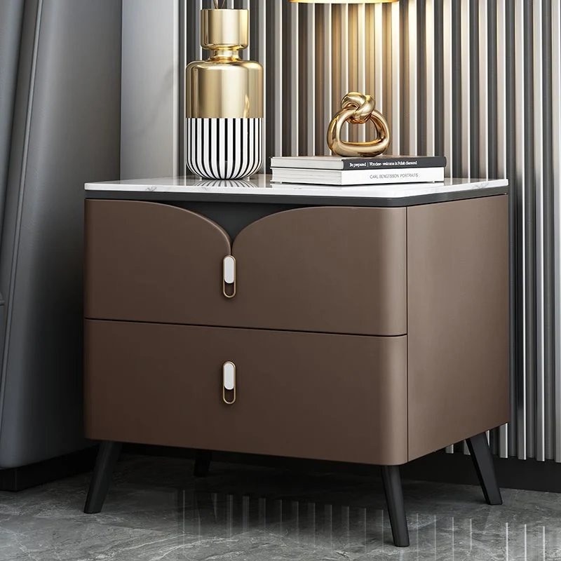 Contemporary Nordic Rectangular Stone Slab Wood Microfiber Leather Carbon Steel Nightstand 2-Drawer For Bedroom