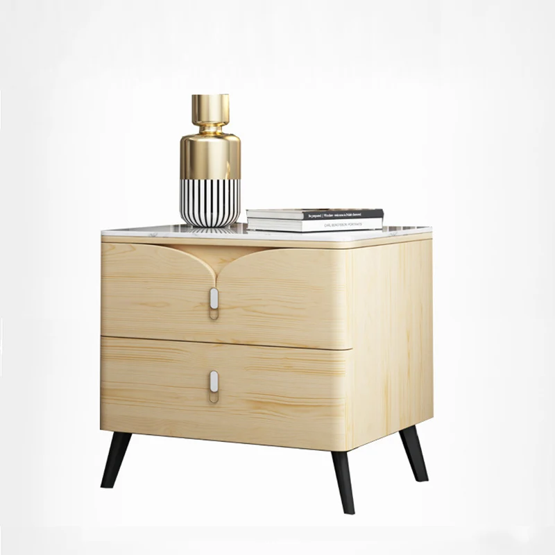Contemporary Nordic Rectangular Stone Slab Wood Microfiber Leather Carbon Steel Nightstand 2-Drawer For Bedroom