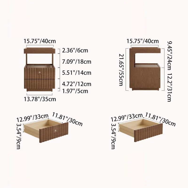 Contemporary Nordic Rectangular Rubberwood Pine Wood Tempered Glass Zinc Alloy Nightstand 2-Drawer For Bedroom