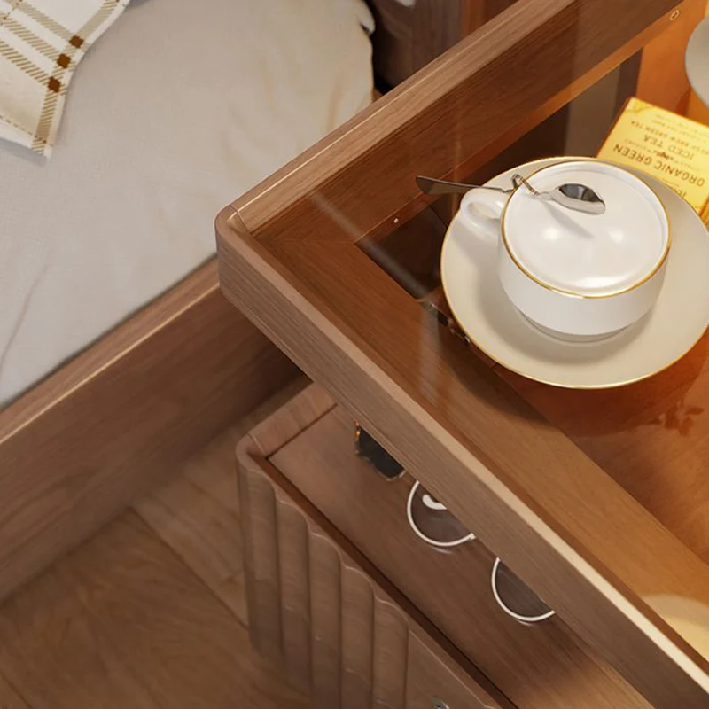 Contemporary Nordic Rectangular Rubberwood Pine Wood Tempered Glass Zinc Alloy Nightstand 2-Drawer For Bedroom