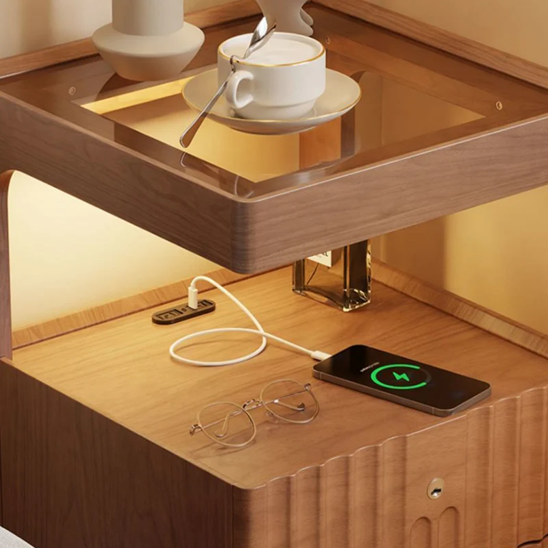 Contemporary Nordic Rectangular Rubberwood Pine Wood Tempered Glass Zinc Alloy Nightstand 2-Drawer For Bedroom