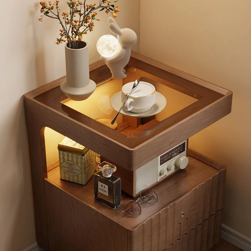 Contemporary Nordic Rectangular Rubberwood Pine Wood Tempered Glass Zinc Alloy Nightstand 2-Drawer For Bedroom