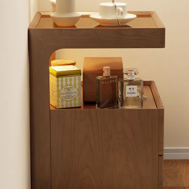 Contemporary Nordic Rectangular Rubberwood Pine Wood Tempered Glass Zinc Alloy Nightstand 2-Drawer For Bedroom