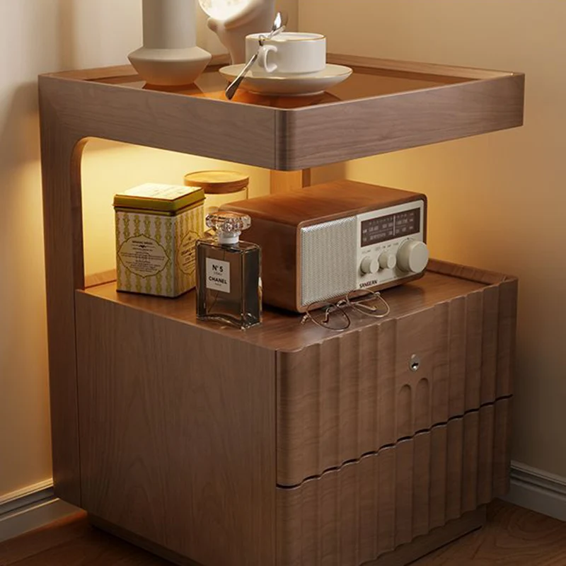 Contemporary Nordic Rectangular Rubberwood Pine Wood Tempered Glass Zinc Alloy Nightstand 2-Drawer For Bedroom