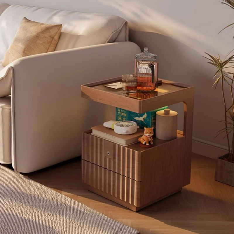 Contemporary Nordic Rectangular Rubberwood Pine Wood Tempered Glass Zinc Alloy Nightstand 2-Drawer For Bedroom