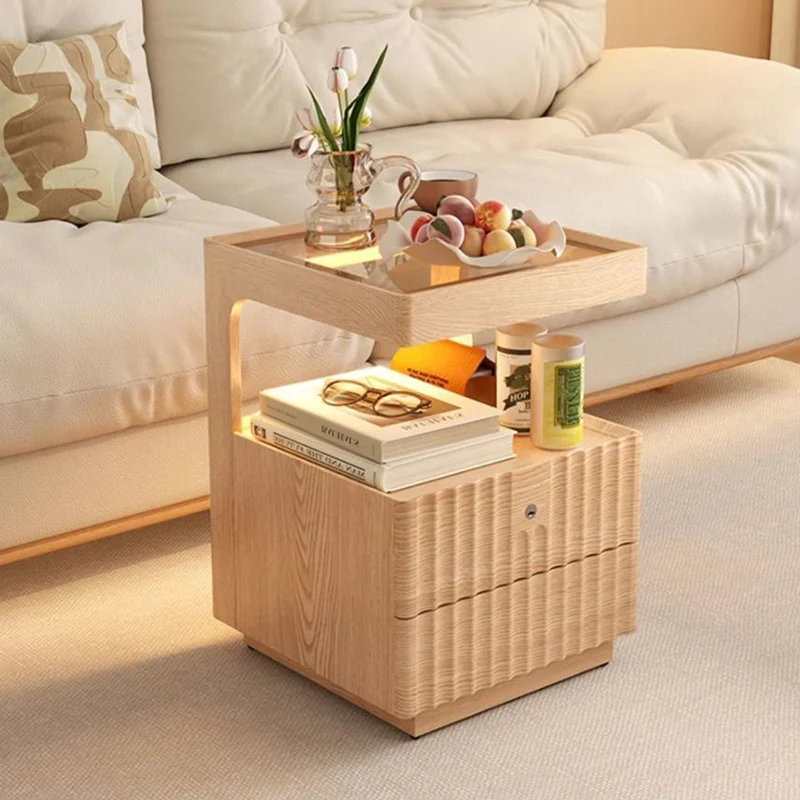 Contemporary Nordic Rectangular Rubberwood Pine Wood Tempered Glass Zinc Alloy Nightstand 2-Drawer For Bedroom