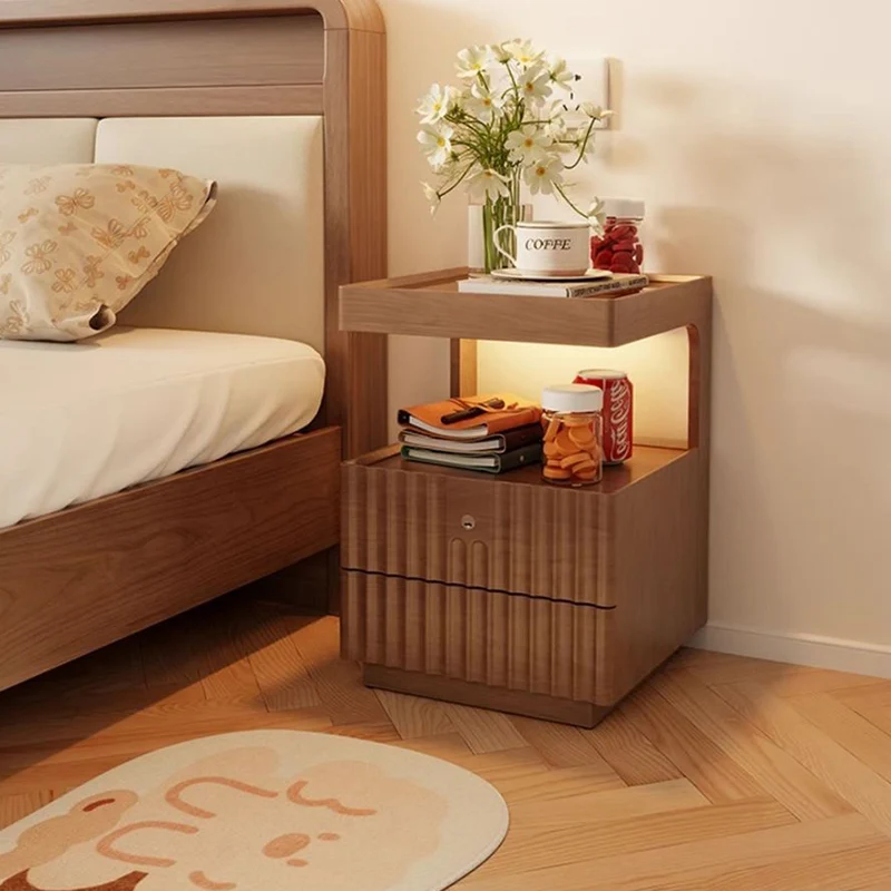 Contemporary Nordic Rectangular Rubberwood Pine Wood Tempered Glass Zinc Alloy Nightstand 2-Drawer For Bedroom